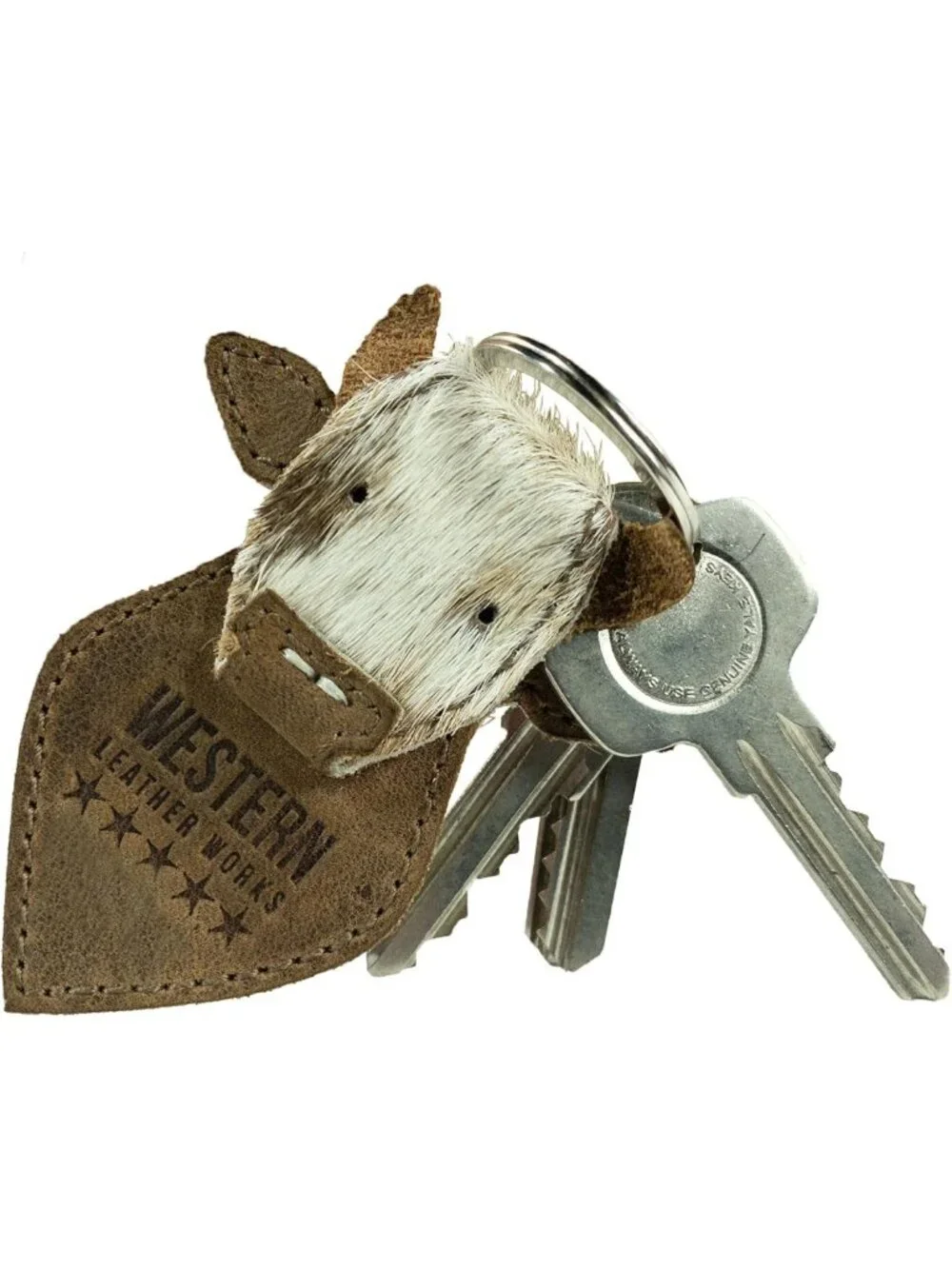 Cowboy Style Cow Head Keychain, Handmade Full Grain Leather Keyring, Furry